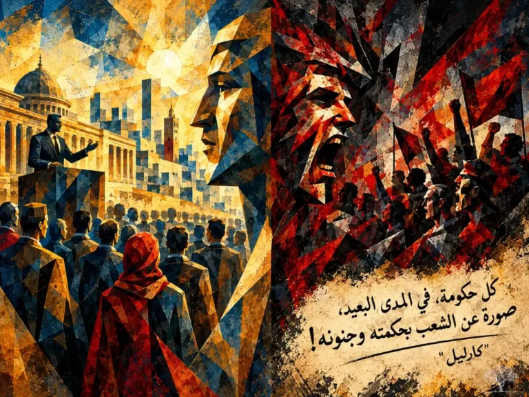 لوحة فنية بأسلوب تكعيبي مقسمة إلى شقين: أيسر ذهبي يرمز للنظام والحكم، وأيمن أحمر يرمز للثورة والفوضى، وتتضمن مقولة توماس كارليل باللغة العربية.