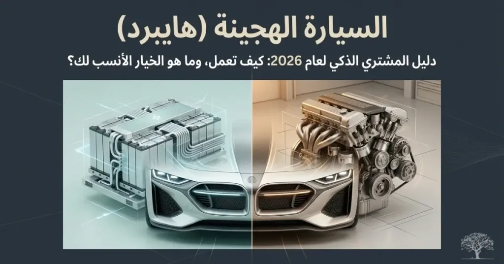 تصميم توضيحي لسيارة هجينة يجمع بين نظام البطارية والمحرك الكهربائي من جهة ومحرك الاحتراق الداخلي من جهة أخرى.