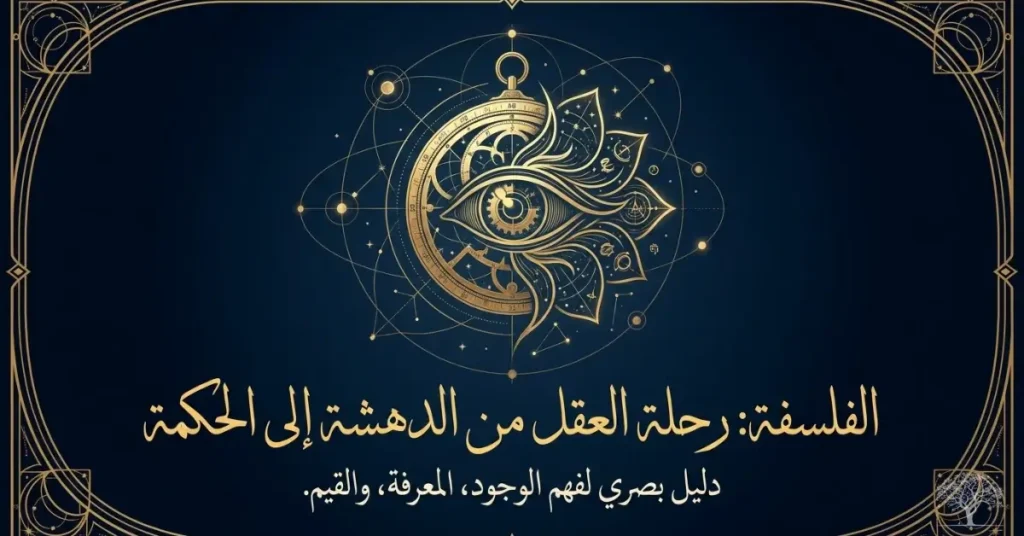 تصميم فني رمزي للفلسفة يتوسطه عين ذهبية داخل أشكال هندسية وفلكية على خلفية زرقاء داكنة، مع زخارف ذهبية توحي بالتأمل والمعرفة والحكمة.