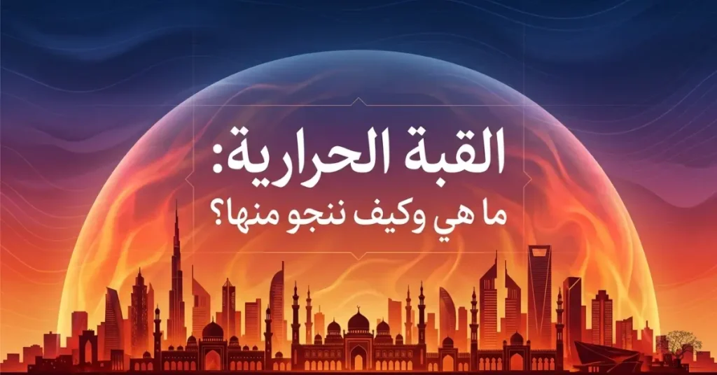 تصميم توضيحي لظاهرة القبة الحرارية فوق الأرض، يرمز إلى احتجاز الهواء الساخن تحت منطقة ضغط جوي مرتفع وتأثيرها في درجات الحرارة.