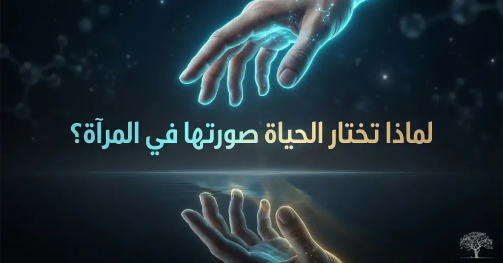 يدان متقابلتان ومتعاكستان في صورة مرآتية، تحيط بهما إضاءة زرقاء متوهجة، في تصميم يرمز إلى الكيرالية والاختلاف بين الصور المرآتية للجزيئات.