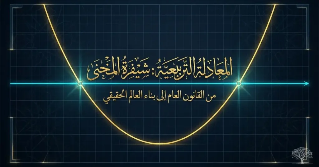 منحنى قطع مكافئ باللون الذهبي يتقاطع مع المحور الأفقي عند نقطتين على شبكة إحداثيات، في رسم يوضح جذور المعادلة التربيعية وطرق حلها.