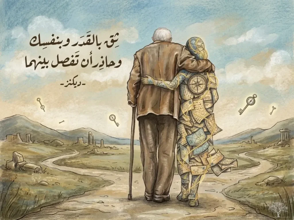 رسم فني لرجل مسنّ يسير مستندًا إلى عصاه بجوار شخصية رمزية تتكوّن من الخرائط والبوصلة والمفاتيح، في مشهد يعبّر عن التوازن بين الإيمان بالقدر والثقة بالنفس.