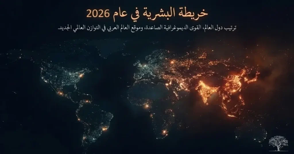 خريطة ليلية للعالم تُظهر توزيع الأضواء على القارات والمناطق المأهولة، في تصميم بصري يرمز إلى توزيع سكان العالم واختلاف الكثافة السكانية بين الدول.