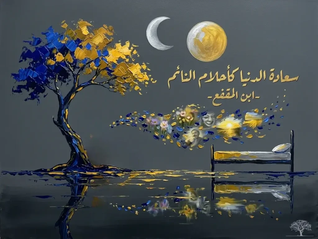لوحة فنية رمزية تجسد سعادة الدنيا كأحلام النائم، بشجرة تتناثر أوراقها الذهبية والزرقاء وسرير تحت ضوء القمر، مع اقتباس لابن المقفع.