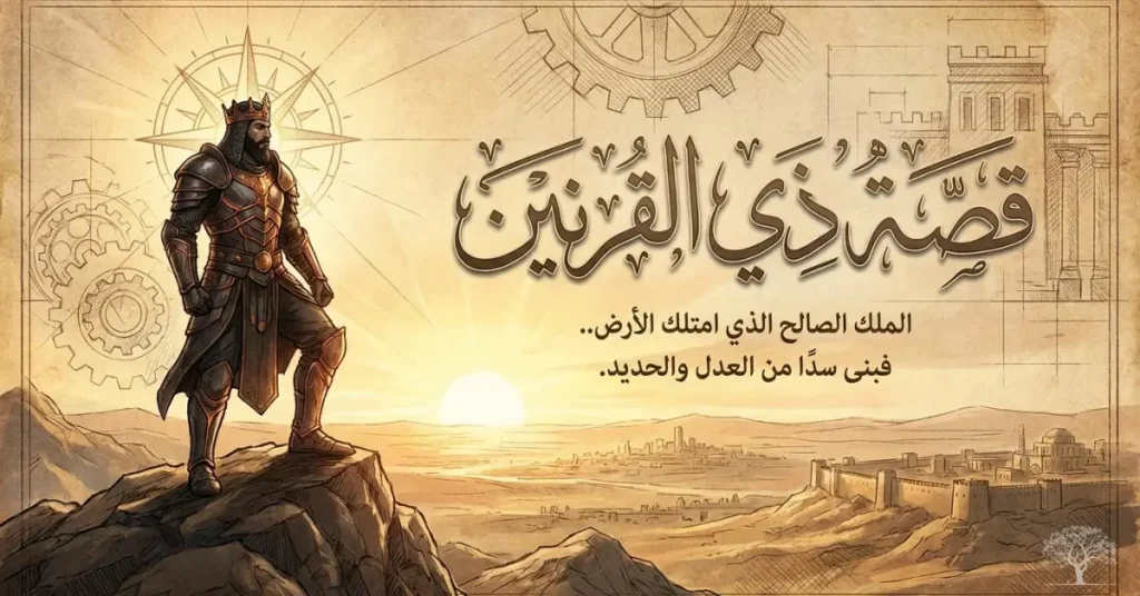 تصميم تاريخي تخيلي لذي القرنين مرتديًا درعًا ملكيًا، يقف على مرتفع صخري أمام مدينة قديمة، مع ظهور تفاصيل هندسية ترمز إلى بناء السد وقصة ذي القرنين الواردة في القرآن الكريم.