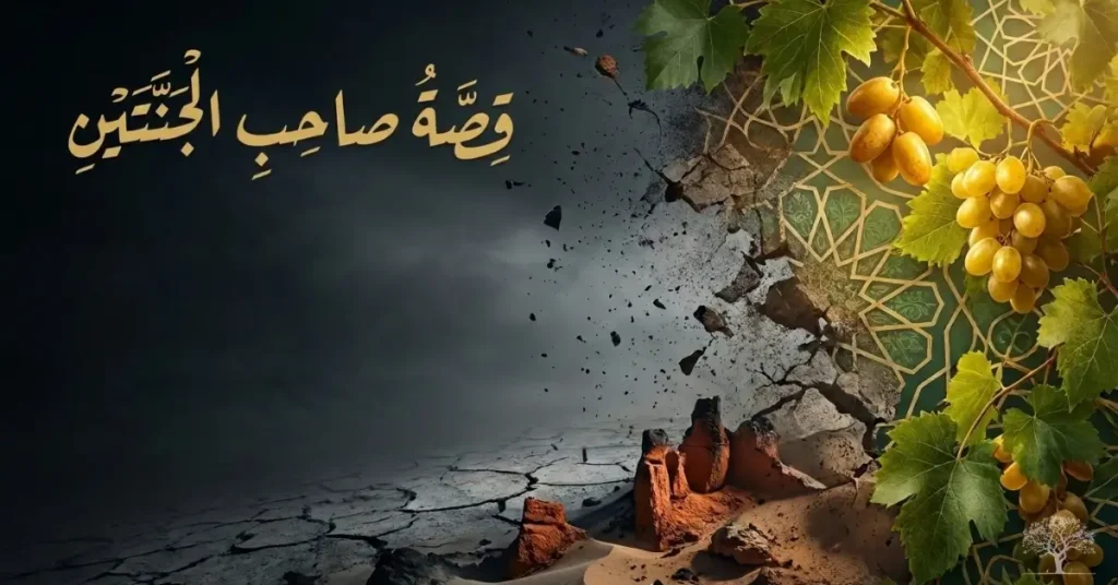 النص البديل (Alt Text): قصة صاحب الجنتين من سورة الكهف، وعبرة قرآنية عن الغرور وزوال النعمة وضرورة شكر الله.