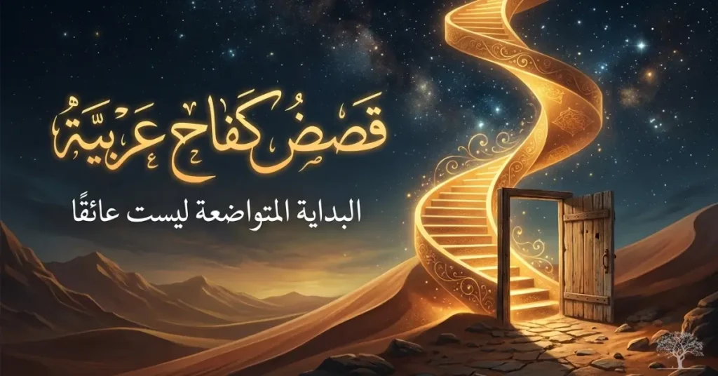 تصميم رمزي لقصص كفاح عربية، يظهر درجًا ذهبيًا متصاعدًا نحو السماء للدلالة على تحويل البدايات المتواضعة إلى نجاح وطموح