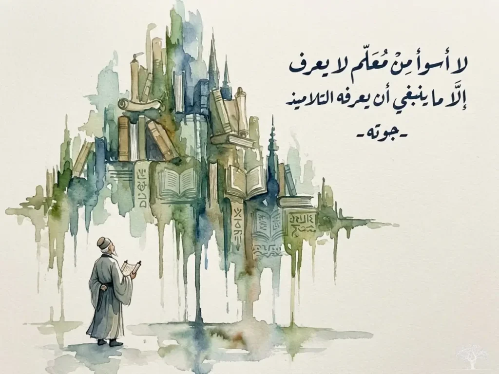 لوحة مائية فنية تجسد معلّمًا يتأمل مدينة من الكتب والمعرفة، مع اقتباس لجوته عن أهمية ثقافة المعلّم وعمق معرفته.